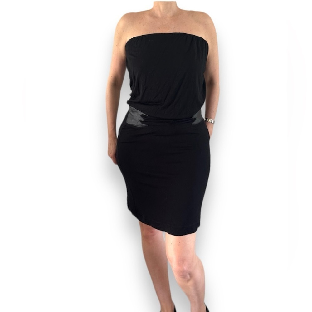 Vintage 90s Black Strapless Tube modal stretch knee Mini Dress leather waist